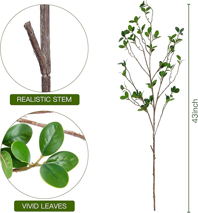 Sggvecsy 43’’ 6Pcs Artificial Ficus Branches Faux Leaf Spray Green Eucalyptus Branches Artificial Greenery Stems Fake Ficus Twig Plants for Home Office Wedding Vase Filler Shop Decoration