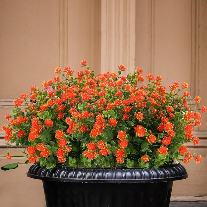 8 Bundles Artificial Flowers, Fake Artificial Greenery UV Resistant No Fade Faux Plastic Plants for Wedding Bridle Bouquet Indoor Outdoor Home Garden Kitchen Office Table Vase (Orange Red)