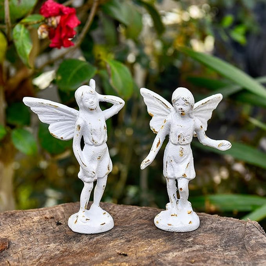 Sungmor Cast Iron Angel Statue, Set of 2 Rustic White Garden Fairy Figurines, Creative Angel Pixie Collection Home Office Desk Decor, Indoor Outdoor Fairy Garden Accent Ornament