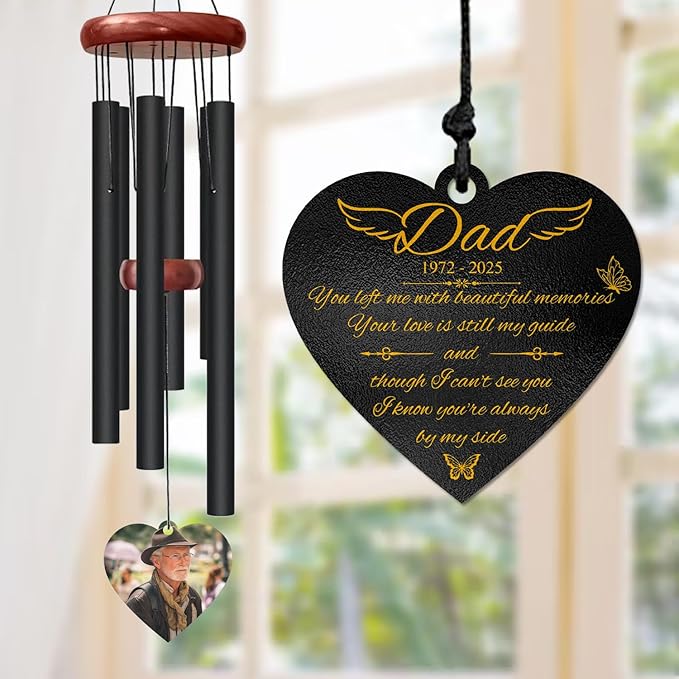 Personalized Dad Memorial Wind Chime – “You Left Me with Beautiful Memories” Custom Name & Years – Heart Shaped Angel Wing Sympathy Gift – Outdoor Remembrance Windchime for Loss of Father or Husband