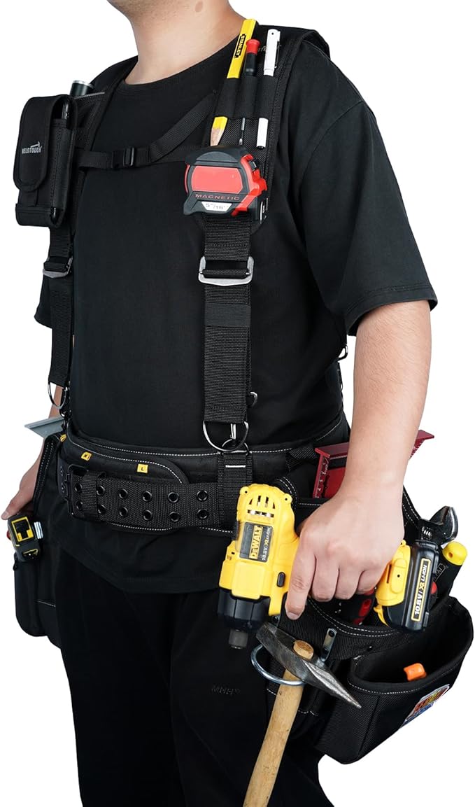MELOTOUGH Tool Belt with Suspenders Tool Bag Supenders Framers Comb Apron Tool Belt Construction Tool Pouch Builder Heavy Duty Carpenter Suspension Rig for Electrician, Roofing,Contractor