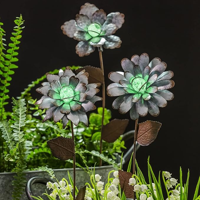 3 PCS Flower Stake Galvanized Metal Decoration for Garden & Outdoor, 13.8" H Glass Globe Glow in Dark Plant Pick Ornament Water-Proof Garden Art for Lawn & Patio