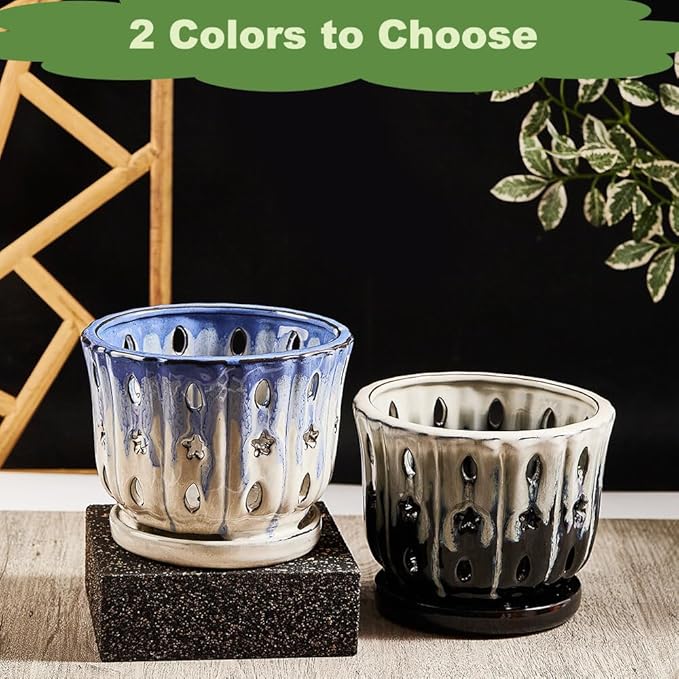 Orchid Pots with Holes Attached Saucers 6 Inches - 1 Pcs Small Ceramic Pots for Repotting, Decorative Ceramic Orchid Planter with Hole for Healthy Root Growth White Over Black
