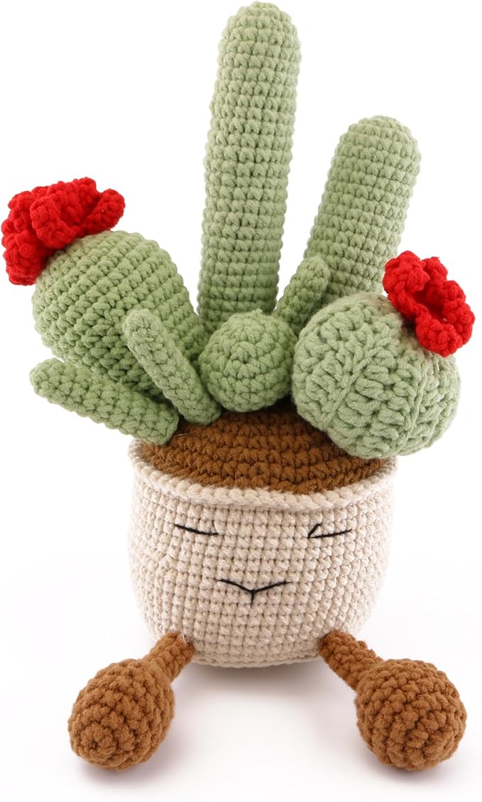 Crochets Cactus Plants, Hand-Knitted Succulents with Emotional Support Wool are Suitable for Refueling Gifts, Home Office Table Dining Room Classroom Decoration and Photography Props (Red)