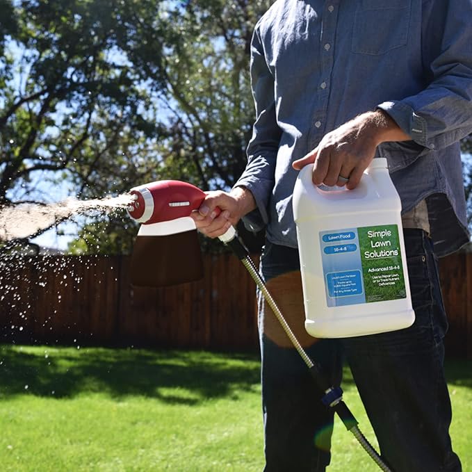 Advanced 16-4-8 Lawn Fertilizer - Liquid Lawn Food Spring & Summer Concentrated Spray - Any Grass Type- Fish and Seaweed Kelp- Balanced NPK - Simple Lawn Solutions (1 Gallon)