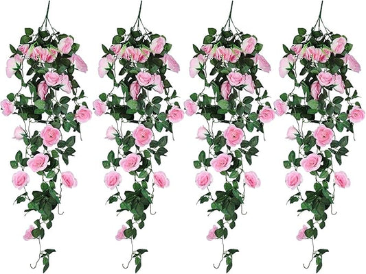 RECUTMS 4PCS Artificial Rose Vine Hanging Plants Fake Flower Outdoor Flowers UV Resistant for Indoor Outside Garden Porch Window Box Home Wedding Farmhouse (Pink)