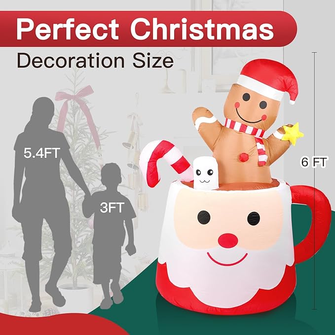 6FT Gingerbread Christmas Inflatables Decorations Outdoor，Blow Up Christmas Decoration Gingerbread Man Mug with Built-in LEDs Lights for Indoor Holiday Party Yard Garden Lawn Décor