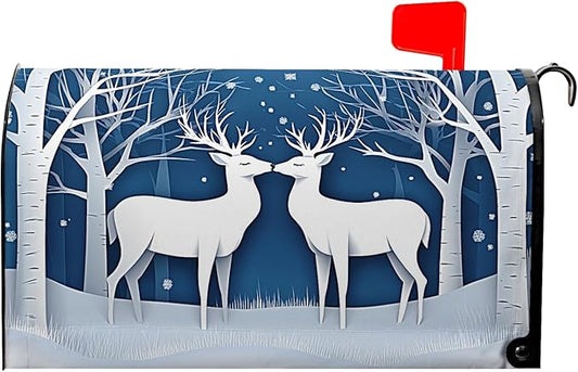 Winter Deer Mailbox Cover Snow Mailbox Covers Magnetic Standard Size 21x18 inch Christmas Post Letter Box Cover Outdoor Decor for Garden