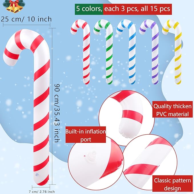 15 Pack 35 Inch Christmas Inflatable Candy Canes Large Blow up Candy Cane Balloons for Indoor and Outdoor Christmas Holiday Party Decoration, 5 Colors