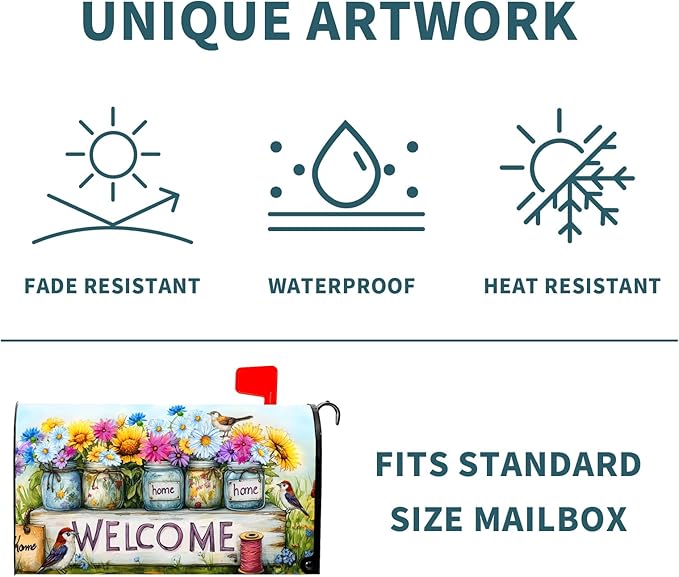 Spring Summer Floral Mailbox Covers Magnetic Standard Size 21 X 25.5 Inch Welcome Magnetic Mailbox Cover Bird Flowers Mailbox Wraps Post Box Cover Decoration Outdoor Garden Home Yard Outside