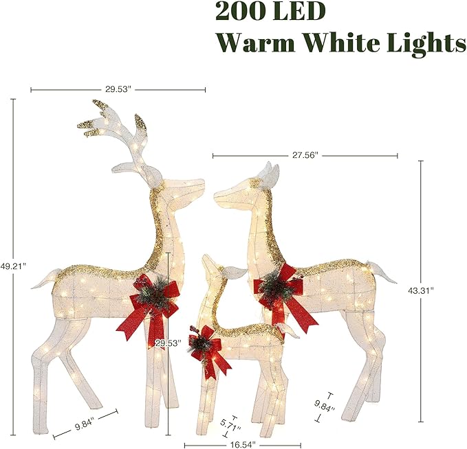 LuxenHome 3PCs Reindeer Christmas Decoration, Glitter White Mesh Indoor & Outdoor Christmas Decor with Red Bow and Pinecone, 200 Warm White LED Lights, Xmas Decorations for Front Porch, Lawn Display