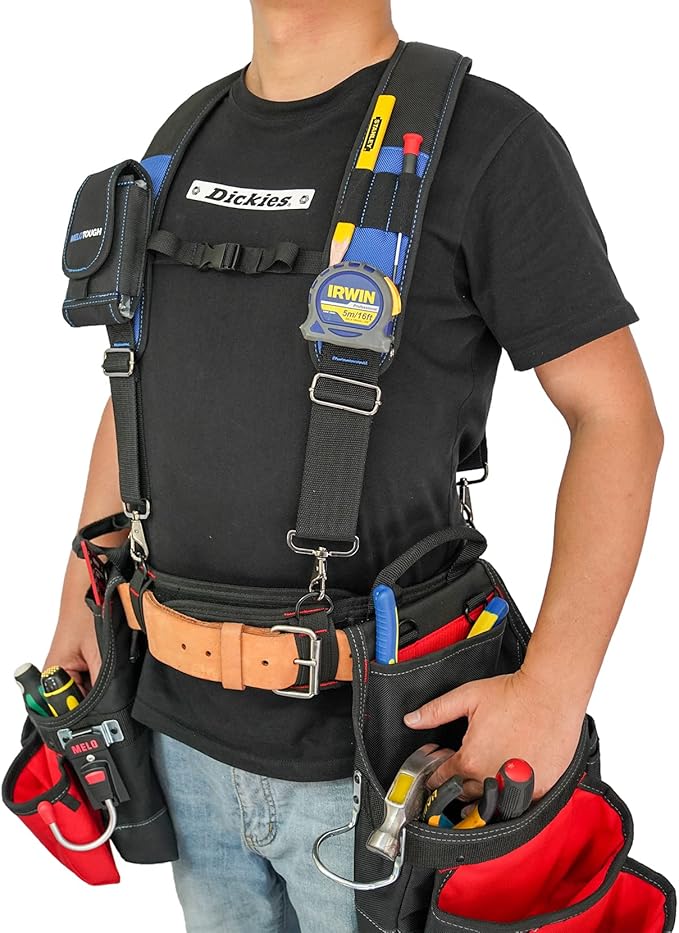 MELOTOUGH Tool Belt Suspenders Construction Work Belt Suspenders with detachable phone holder comfortable foam shoulder padder (Blue)