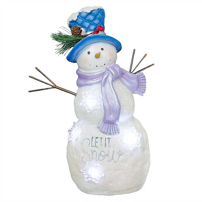 Alpine Corporation 14”H Lavender Winter "Let It Snow" Snowman Statue with Fading LED Lights, Christmas Decor