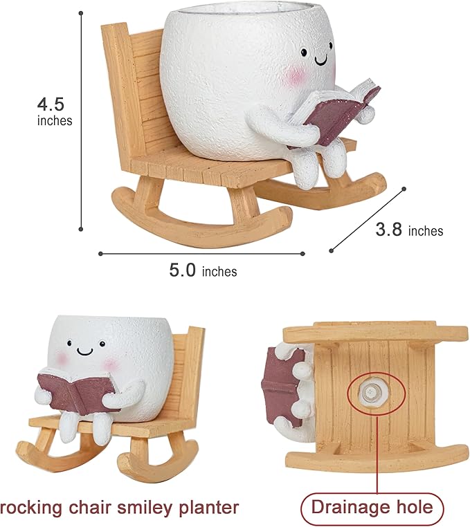 Rocking Chair Smily Face Planter with Drainage Hole, Cute Plant Pots for Indoor Outdoor Plants,Unique Funny Flower Pot for Succulents,Gift for Mother's Day, Birthday, Christmas(White)