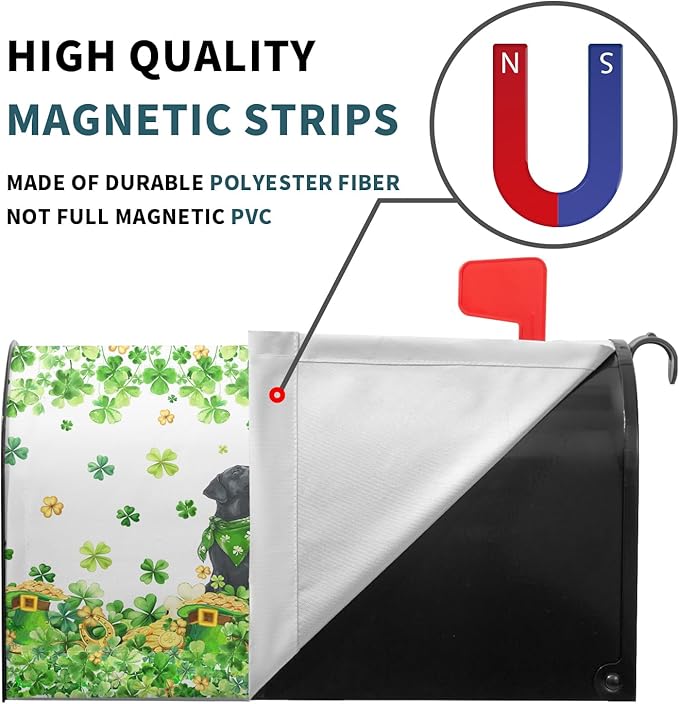 St. Patricks Day Mailbox Cover Magnetic, 25.5"x21" Patrick Dog Lucky Clover Elf Hat Mailbox Wrap, Spring Shamrocks Large Size Waterproof Letter Post Cover for Garden Yard Outdoor Decor