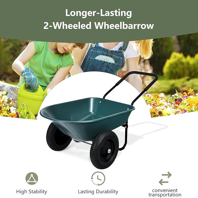 S AFSTAR 2 Wheels Wheelbarrow, Heavy Duty Garden Cart with Two 13-inch Pneumatic Tires, 330 lbs Capacity, Utility Cart for Outdoor Lawn Yard Farm Ranch (Green)