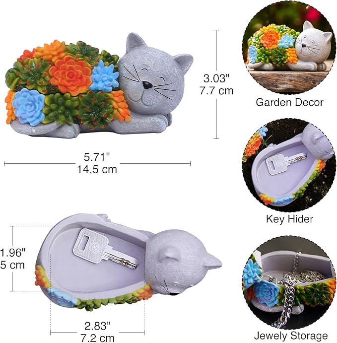 Outdoor Cat Key Hider Statue - Cute Succulent Hide a Key Outdoor Decorative - Small Gift Box for Women, Home Decor & Cat Gifts