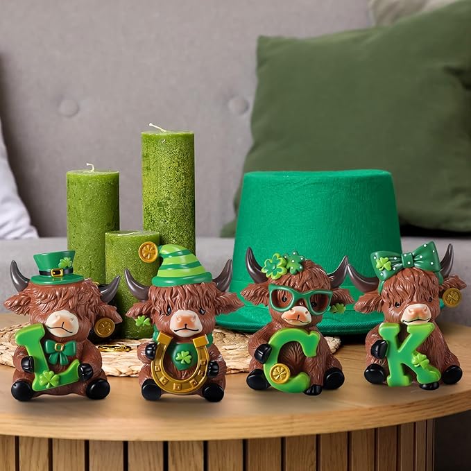 Sosation 4 Pcs Luck Highland Cow Figurines St Patricks Day Highland Cow Gnomes Irish Shamrock Scottish Resin Statue Calf Lovers Gifts for Home Garden Kitchen Office Tiered Tray Table Decor