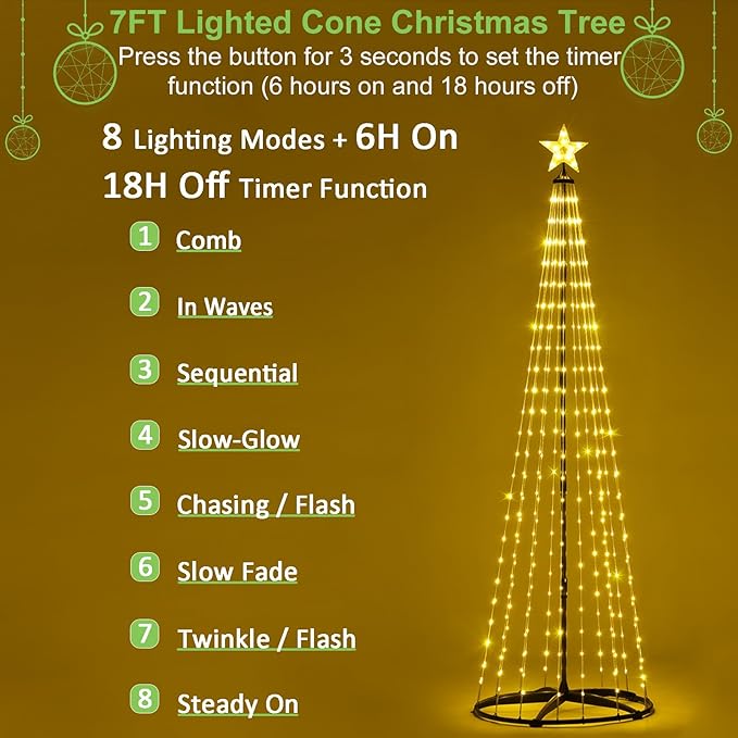 7 ft Lighted Outdoor Christmas Tree, 310 LEDs Pre-lit Christmas Cone Tree with Star Topper for Indoor and Outdoor Holiday Decorations (Warm White)
