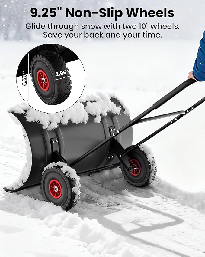 Snow Pusher with Wheels for Driveway, 36" Wide Heavy Duty Steel Blade, 2-Position Height Adjustment & 60° Tilt Handle, Ergonomic Push Snow Shovel with Ground Protection for Effortless Snow Removal