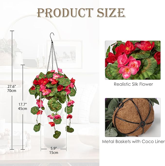 Briful Small Geraniums Fake Flowers Hanging Basket, Realistic Silk Vine Faux Flowers,Begonia Artificial Flowers, 5 ⅞’’ Coconut Basket, for Home Farmhouse Balcony Indoor Outdoor Patio Garden Decor