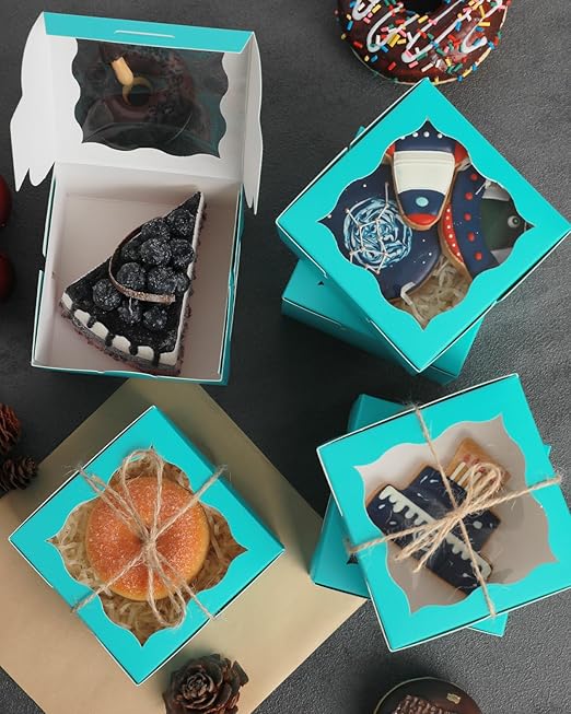 qiqee Mint Blue Bakery Box with Window 4x4x2.5 inch 30Packs Macaron Boxes Small Donut Pastry Boxes for Party Mini Cookie Boxes