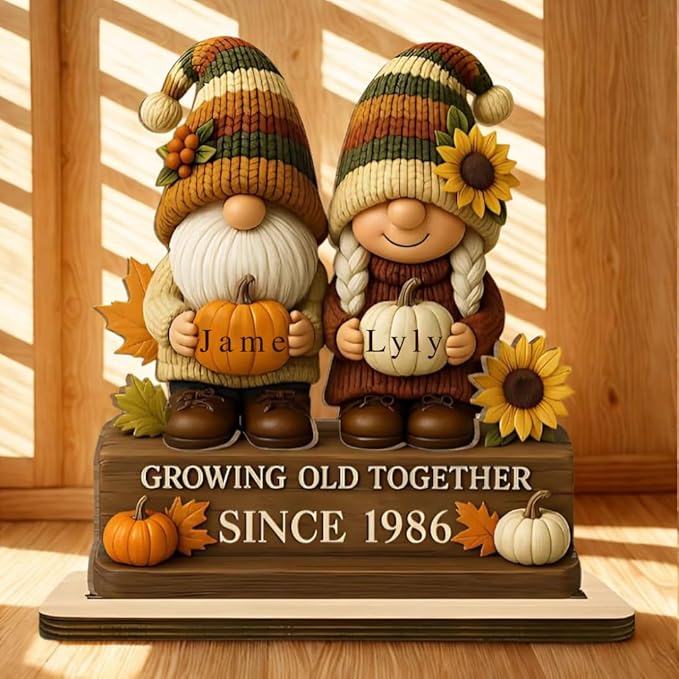 Personalized Growing Old Together Since Gnome Figurines Plaque, Custom Gnome Couple Wood Standing Plaque, Gift for Couples and Grandparents