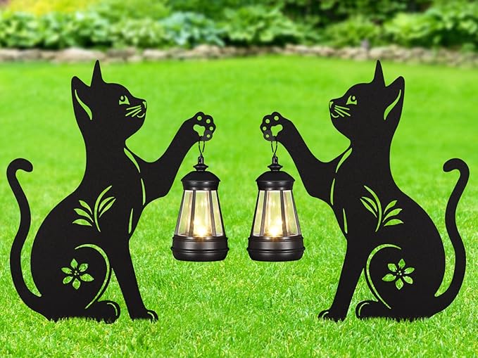 2Pack Solar Outdoor Garden Lights Stakes Solar Metal Cat Lawn Deco Statue Black Cat Patio Garden Decorative Stakes with Solar Lantern Christmas Birthday Gifts for Women Mom and Grandma