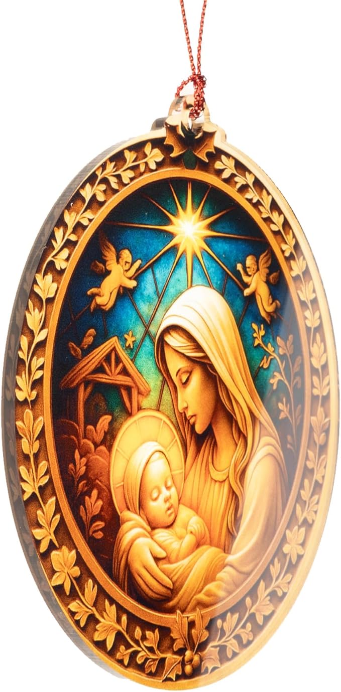 Nativity Mary and Baby Jesus Ornament – Nativity Ornament – Religious Gifts – Christian Decor – Christmas Ornament – Suncatcher Effect Stained Glass Window Hanging – Car Hanging