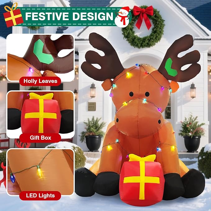 Christmas Inflatable Outdoor Decorations, 8 FT Giant Inflatables Reindeer Yard Decor with Colorful String Lights, Blow up LED Lights Holiday Decorations for Indoor Outside Lawn Garden