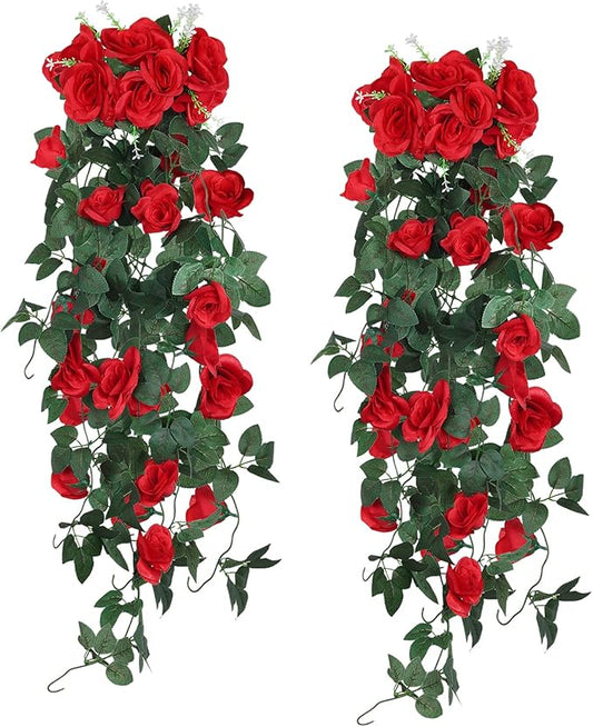 RECUTMS Hanging Flowers Artificial Plants 2PCS 3.3Ft Rose Vine Flower for Home Room Garden Wedding Indoor Outdoor Decoration (Red)
