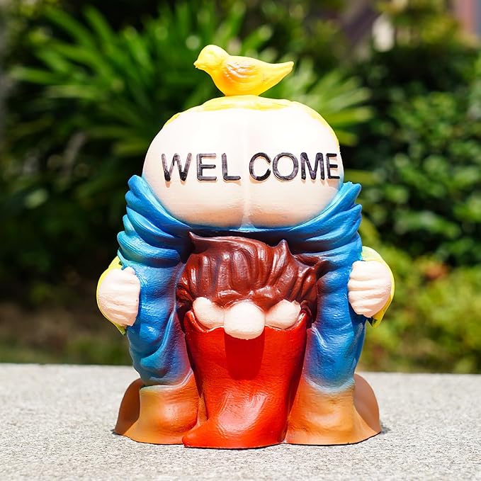 Solar Garden Statues Lights, 8.5" Christmas Outdoor Gnome Figurine with Auto On/Off for Yard Patio Decor, Gifts for Women, Grandma, Mom, Housewarming (Welcome Gnome)