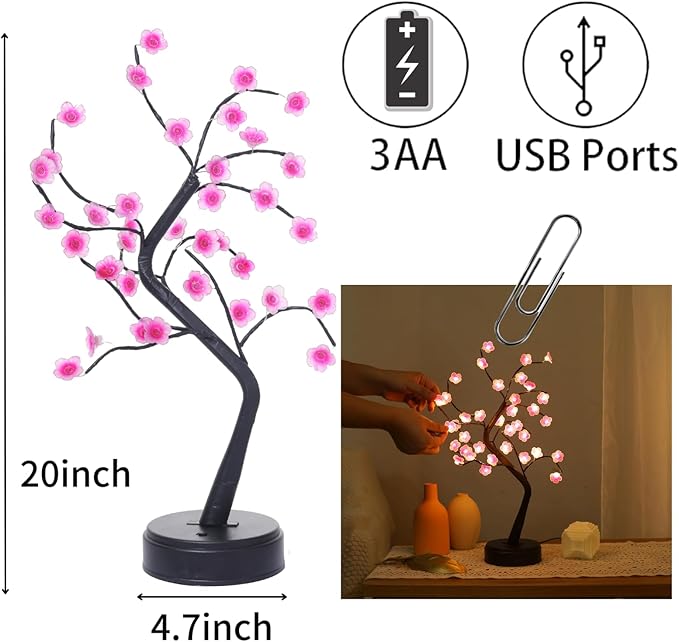 2 Cherry Blossom Bonsai Tree Lights, 36 LED Tree Lights, Japanese Style Decorative Batteries, and USB Plug-in Desktop Lighting Tree Lamps for Indoor Modern Home Decoration (Warm White)