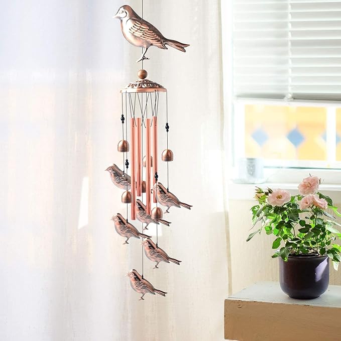 Bird Wind Chimes for Outside,33 inch Length Memorial Sparrow Wind Chime with 4 Large Aluminum Tubes & S Hook,Indoor Outdoor Decor Hanging Wind Catcher Bell for Home,Garden,Patio,Backyard,Porch
