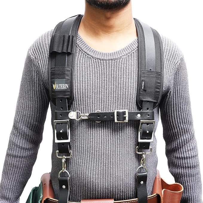 Falcon Gears Leather Tool Belt Suspenders Heavy-Duty Adjustable Harness with Padded Support, 4 Rig Loops, Front Hook for Work
