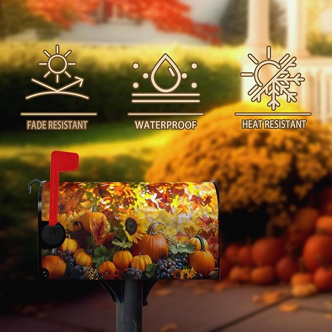 Fall Autumn Pumpkin Mailbox Cover Magnetic Large Size 25.5X21 Inch Harvest Maple Leaves Letter Box Cover Yellow Pumpkins Fall Mail Wraps Post Garden Decorations