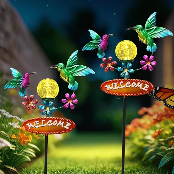Solar Garden Stakes Metal Welcome Signs for Outside 29.7', 2 Flying Hummingbirds with Cracked Glass Ball,Decorative Garden Stakes for Lawn, Patio, Hummingbird Gifts for Women