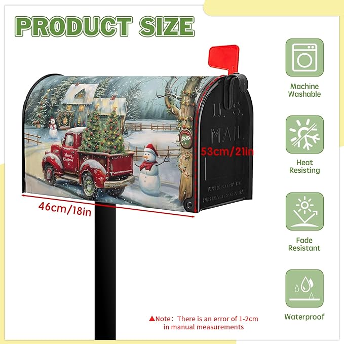 Winter Red Truck Mailbox Covers Magnetic Standard Size 21x18 inch Christma Tree Mailbox Covers Snowman Mail Box Wraps for Outside Garden Yard