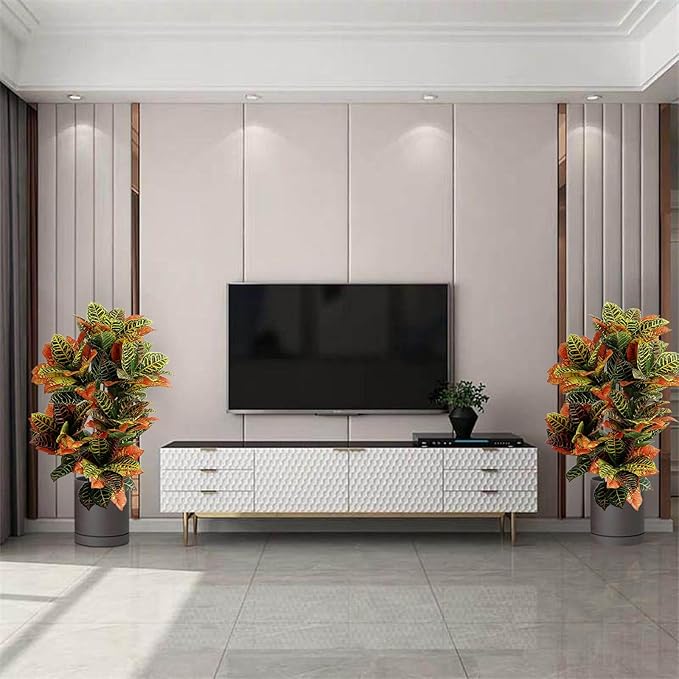 momoplant Artificial Croton Plant, 39inch Faux Fiddle Leaf fig Tree, Artificial Trees for Home Decor, Ficus Lyrata Tree with Plastic Pot, Silk Plants for Home Decor Indoor