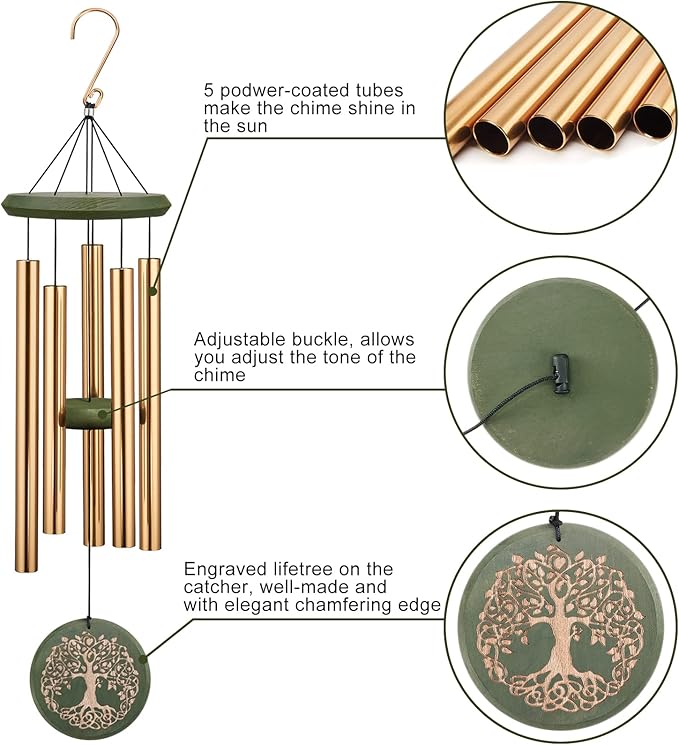 Wind Chimes for Outside Engraved Tree of Life 36 Large Deep Tone Wind Chime, Memorial Sympathy Gift Wind Chimes for Loved One Or Home Garden Patio Backyard Hanging Decor, Gold.