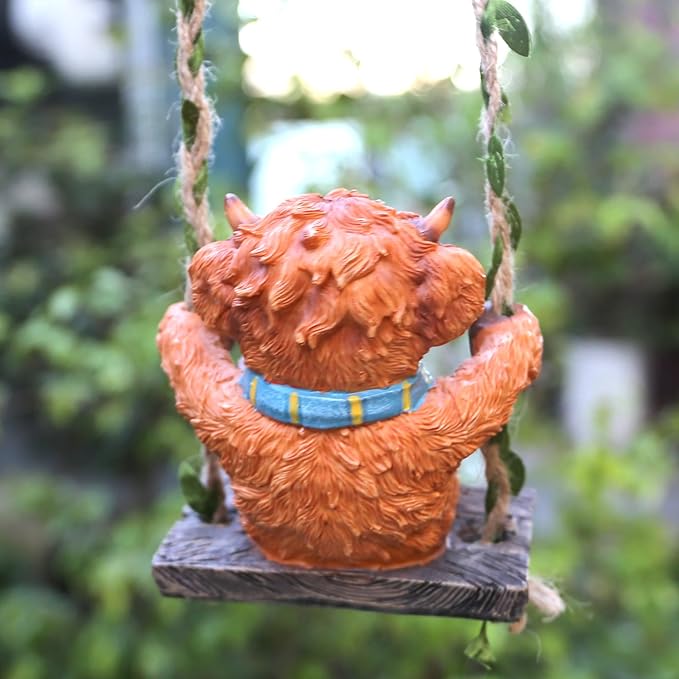 Swing Highland Cattle Statue 4.33in,Exquisite Garden Statue Decoration and Lawn Ornament,Outdoor or Home Decor,Easter Decor