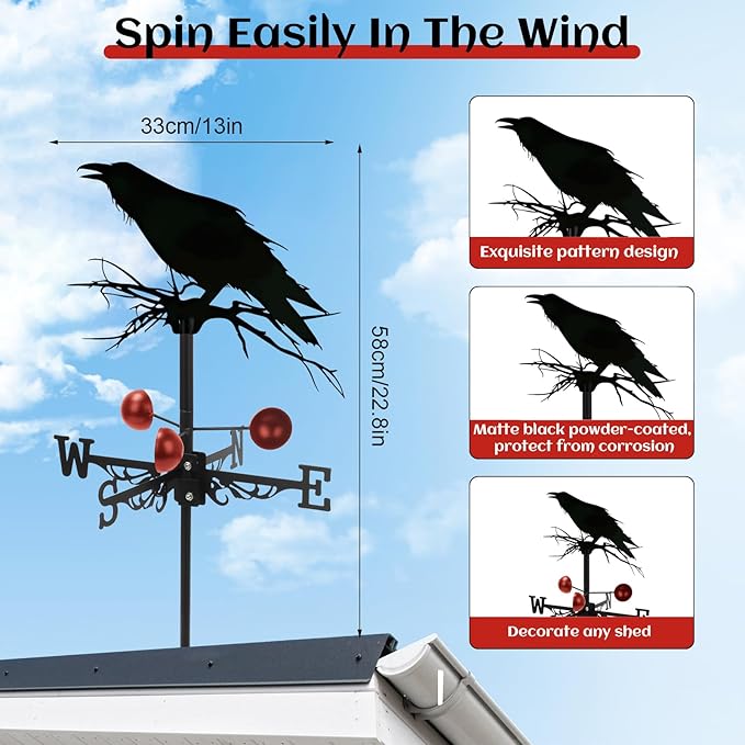 Weathervane Roof Mount, Rust-Resistant & Durable Metal Wind Direction Indicators, Decor Weather Vane for Yard, Outside, Garden, Shed, Farmhouse & Chicken Coop (Crow)