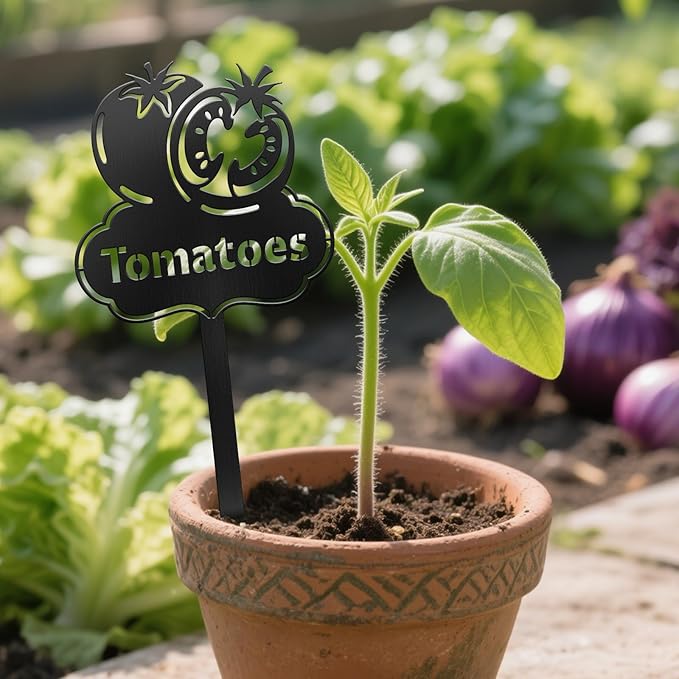 CUTHOLLOW Metal Plant Marker Stake Tomatoes for Outdoor Indoor, Waterproof 11.8 inch Cute Garden Plant Labels Sign Tag for Vegetables, Farmhouse Greenhouse Decor - Funny Gardening Gifts