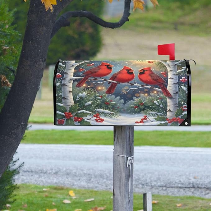SUABO Mailbox Cover Cardinal Winter Oversize Magnetic Mailbox Covers Wraps for Christmas Home Yard Garden Decor