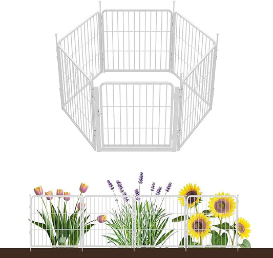 SunsGrove Garden Fence with Gate, 24 in(H) x 11.1 ft(L) 6 Panels Heavy Duty Metal Animal Barrier Fence for Yard, Suitable for Indoor or Outdoor Dog Pet Fence, Garden Fence Border, White