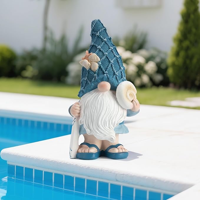 Beach Gnomes Statues,Ocean Gnomes,Nautical Themes Decoration,Beach, Gnome Holding a Surfboard