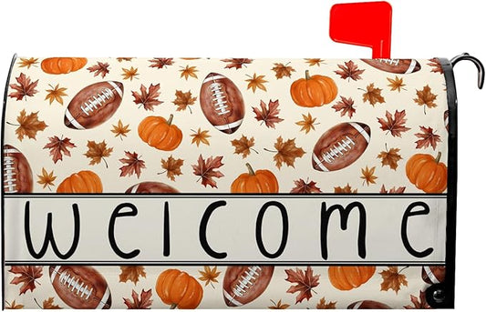 Fall Football Mailbox Cover Welcome Autumn Mailbox Covers Magnetic Standard Size 21x18 inch Pumpkin Maple Leaf Mail Box Wrap for Outside Garden