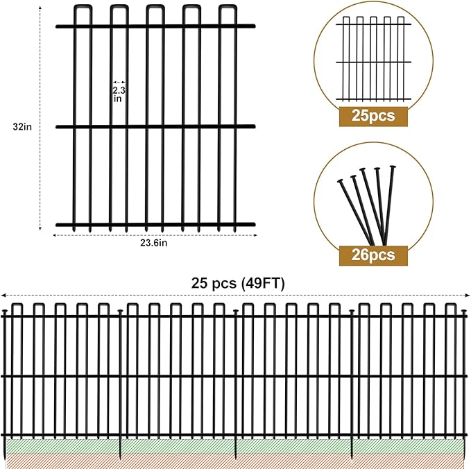 25 Panels No Dig Animal Barrier Fence, 32in(H) x 49ft(L) Garden Edging Border Fencing, Rustproof Metal Stakes Decorative Garden Fence, Dog Digging Defense Fencing Barrier for Outdoor, Yard, Patio