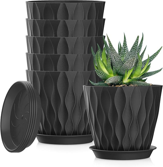 5 Inch Planter Pots, 6 Pack Indoor Planters, Small Flower Pots with Drainage Holes and Tray for Succulents, Orchids, Herbs and Other Indoor Plants,Black