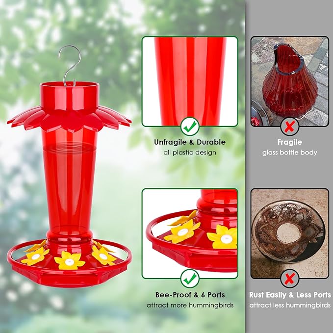 Plastic Hummingbird Feeders for Outdoors Hanging, 2 Pack 10 OZ Red Humming Bird Feeder with 6 Feeding Ports and Perch, Built-in Ant Moat, Gifts for Women Garden Decor